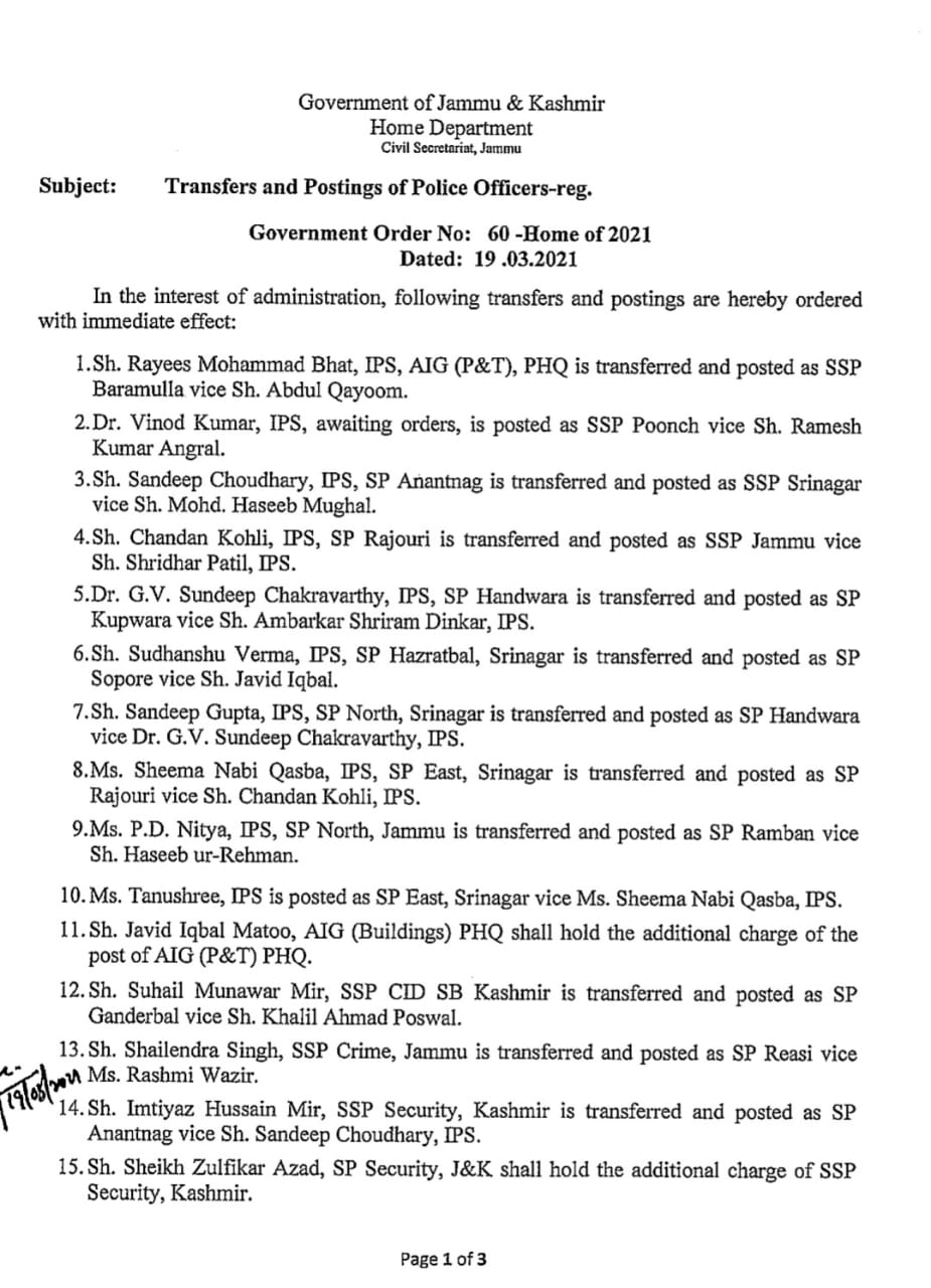 Major Reshuffle In Police 25 SSPs SP Transferred In J K Kashmir Indepth